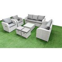 Fimous PE Rattan Garden Furniture Set Adjustable Chair Sofa Double Love Seat 2 Seater Sofa Lounge Set Square Coffee Table 2 Stools Light Grey