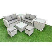 Fimous 6 Seater Outdoor Love Sofa Set Rattan Garden Furniture Set with Square Coffee Table 2 Small Stools 2 Side Tables Light Grey