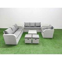 Fimous 9 Seater Poly Rattan Outdoor Garden Furniture Square Coffee Table Sofa Set Patio 3 Seater Sofa Reclining Chair 3 Seater Sofa Stools 2 Side