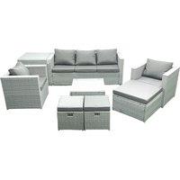 Fimous Rattan Garden Outdoor Furniture Sofa Set with Square Coffee Table 2 Chairs 3 Footstools Side Table Light Grey Mixed