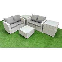Fimous 4 Seater Outdoor Love Sofa Set Rattan Garden Furniture Set with Square Coffee Table 2 Side Tables Light Grey