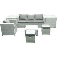 Fimous Garden Outdoor Furniture Set 6 Seater Rattan Sofa Set with Big Footstool Armchair 2 Side Tables Light Grey Mixed