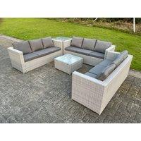 Fimous Light Grey Outdoor PE Rattan Garden Furniture Set Wicker Sofa Set Square Coffee Table Side Table
