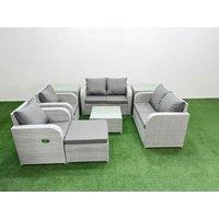 Fimous 7 Seater Outdoor Reclining Chair Love Sofa Set Rattan Garden Furniture Set with Square Coffee Table Footstool 2 Side Tables Light Grey