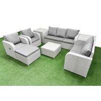 Fimous PE Rattan Garden Furniture Set Adjustable Chair Sofa Double Love Seat 2 Seater Sofa Lounge Set Square Coffee Table Big Footstool 2 Side Table