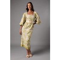 Blouson Sleeve Belted Lace Midi Dress
