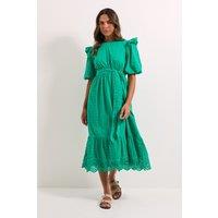 Dorothy Perkins Women's Cutwork Ruffle Sleeve Puff Sleeve Midi Dress in Green | Size: 16