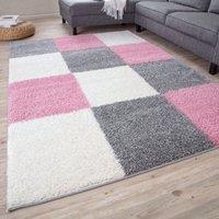 THE RUGS Soft Pink Ivory Check High Pile Shaggy Rugs & Runners Living Room | Size: 140 cm x 200 cm