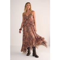 NastyGal Women's Zebra Ruffle Tie Front Maxi Dress in Beige | Size: 4