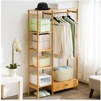 H&O Direct Wooden Clothes Rack with Hooks & Drawer in Brown