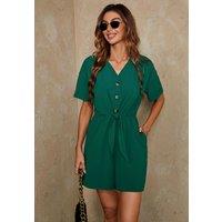 FS Collection Women's Relaxed Button Down Playsuit in Green | Size: 16