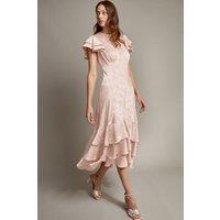 Monsoon Women's Ester Satin Ruffle Midi Dress Red in Pink | Size: 22