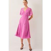 Monsoon Women's Candice Embellished Flutter Sleeve Midi Dress Pink | Size: 10