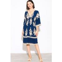 HOXTON GAL Women's Relaxed Fit 3/4 Sleeves V Neck Printed Knee Lenght Dress in Navy