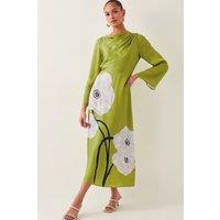 Monsoon Women's Molly Floral Print Satin Dress Black in Green | Size: 8