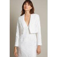 Monsoon Women's Faye Hand-Beaded Jacquard Cropped Bridal Jacket Blue in Ivory | Size: 16