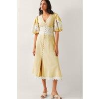 Monsoon Women's Nancy Applique Puff-Sleeve Midi Dress Yellow | Size: 16