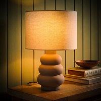 ValueLights Rochella Natural Linen Drum Shade Grey Bubble Stack Ceramic Table Lamp & Bulb in Off-White