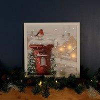 Samuel Alexander LED Battery Operated Fibre Optic Wall Art Canvas with a Robin & Postbox Christmas Decoration in White