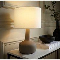 ValueLights Hayley Natural Linen Drum Shade Squat Base Ceramic Stonewear Table Lamp in Grey