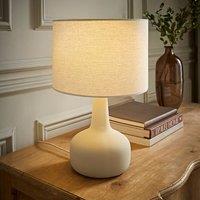 ValueLights Hayley Natural Linen Drum Shade Squat Base Ceramic Stonewear Table Lamp in Beige