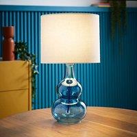 ValueLights Aida Natural Linen Tall Lamp Shade Bright Bubble Glass Table Lamp in Bright Blue