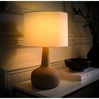 ValueLights Hayley Natural Linen Drum Shade Squat Base Ceramic Stonewear Table Lamp & Bulb in Grey
