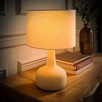 ValueLights Hayley Natural Linen Drum Shade Squat Base Ceramic Stonewear Table Lamp & Bulb in Beige