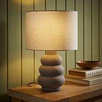 ValueLights Rochella Natural Linen Drum Shade Grey Bubble Stack Ceramic Stonewear Table Lamp in Off-White