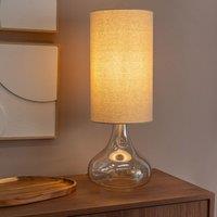 ValueLights Sylvie Natural Linen Tall Lamp Shade Amber Glass Squat Table Lamp with LED Bulb in Off-White