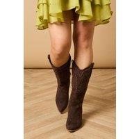 Oasis Women's Liana Faux Suede Studded Western Knee-High Cowboy Boots in Chocolate | Size: 3