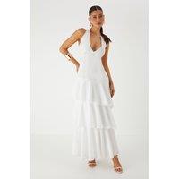 MissPap Women's Tie Back Frill Layered Maxi Dress in White | Size: 10