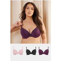 Yours Women's 3 Pack Lace Trim Padded T-Shirt Bras in Purple | Size: 40E