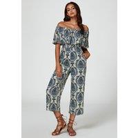 FS Collection Women's Off The Shoulder Print Frill Jumpsuit In Navy | Size: XS