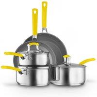 Sur La Table 5 Piece Yellow Cookware Set, 16/18/20cm Saucepans, 24/28cm Frying Pans Stainless Steel, Induction Compatible | Size: A