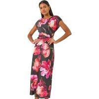 Roman Women's Floral Printed Wrap Detail Midi Dress in Black | Size: 18