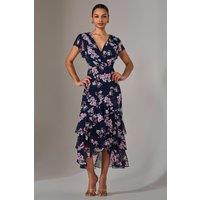 Jolie Moi Women's Printed Wrap Ruffle Maxi Dress in Dark Navy | Size: 8