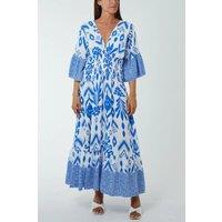 HOXTON GAL Women's Oversized Flutter Sleeves Shirred Waist Geometrical Print V Neck Maxi Dress in Blue