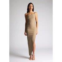 Vesper Women's One Shoulder Strappy Maxi Dress with Thigh Split in Taupe | Size: 10