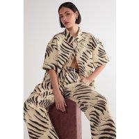 NastyGal Women's Tiger Print Short Sleeve Denim Shirt in Butter | Size: 14