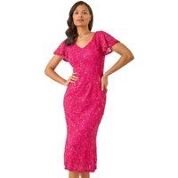 Roman Women's Sequin Lace Ruffle Midi Dress in Fuchsia | Size: 12