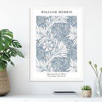 ARTZE William Morris Marigold in Blue Art Print / White Frame / SIZE: A2 in Mid Blue | Size: A3