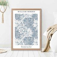 ARTZE William Morris Marigold in Blue Art Print / Oak Frame / SIZE: A4 in Mid Blue | Size: A2