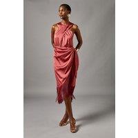 Coast Women's Cross Neck Wrap Skirt Fringe Midi Dress in Rust | Size: 12