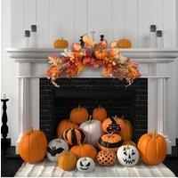 Living and Home 60cm Artificial Autumn Swag Maple Leaves Berry Pumpkin Arch Garland with Light for Halloween Thanksgiving Decor in Orange