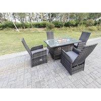 Fimous Rattan Outdoor Garden Furniture Gas Fire Pit Dining Table Gas Heater Burner Table & Chair Sets 4 Seater in Dark Grey