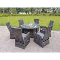 Fimous Rattan Outdoor Garden Furniture Gas Fire Pit Dining Table Gas Heater Burner Table & Chair Sets 6 Seater in Dark Grey