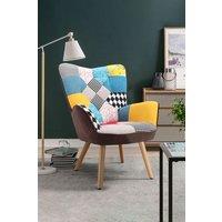 Patchwork Tufted Button Linen Accent Chair with Wooden Legs