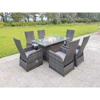 Fimous Rattan Outdoor Garden Furniture Gas Fire Pit Dining Table Gas Heater Burner Table & Chair Sets 6 Seater in Dark Grey