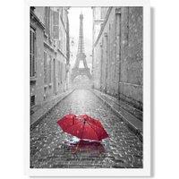 ARTZE Red Umbrella in Paris with Eiffel Tower Framed Print SIZE: A3 with White Frame in Black | Size: A4